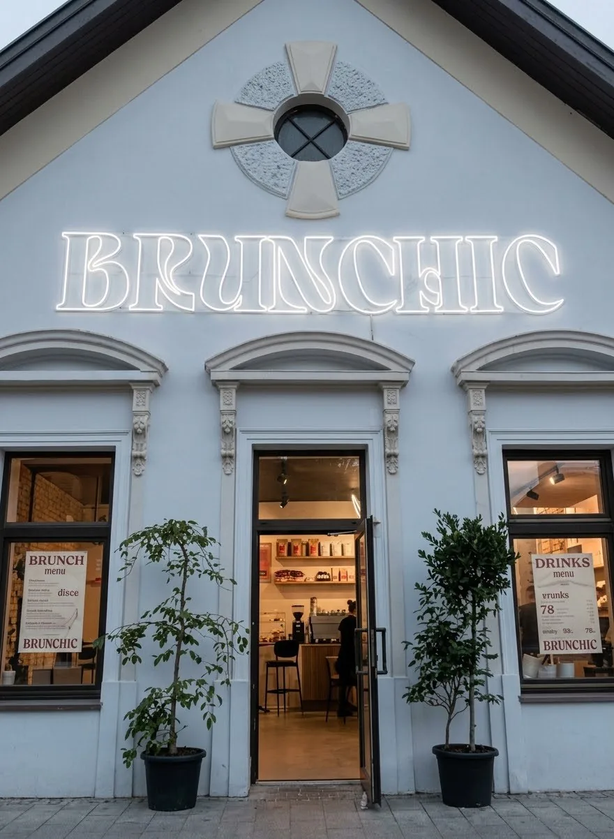 Bílý neonový nápis Brunchic na fasádě kavárny — realizace Neonworld