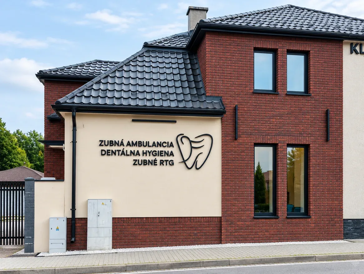Černá 3D písmena a logo zubu na fasádě zubní ordinace — realizace Neonworld