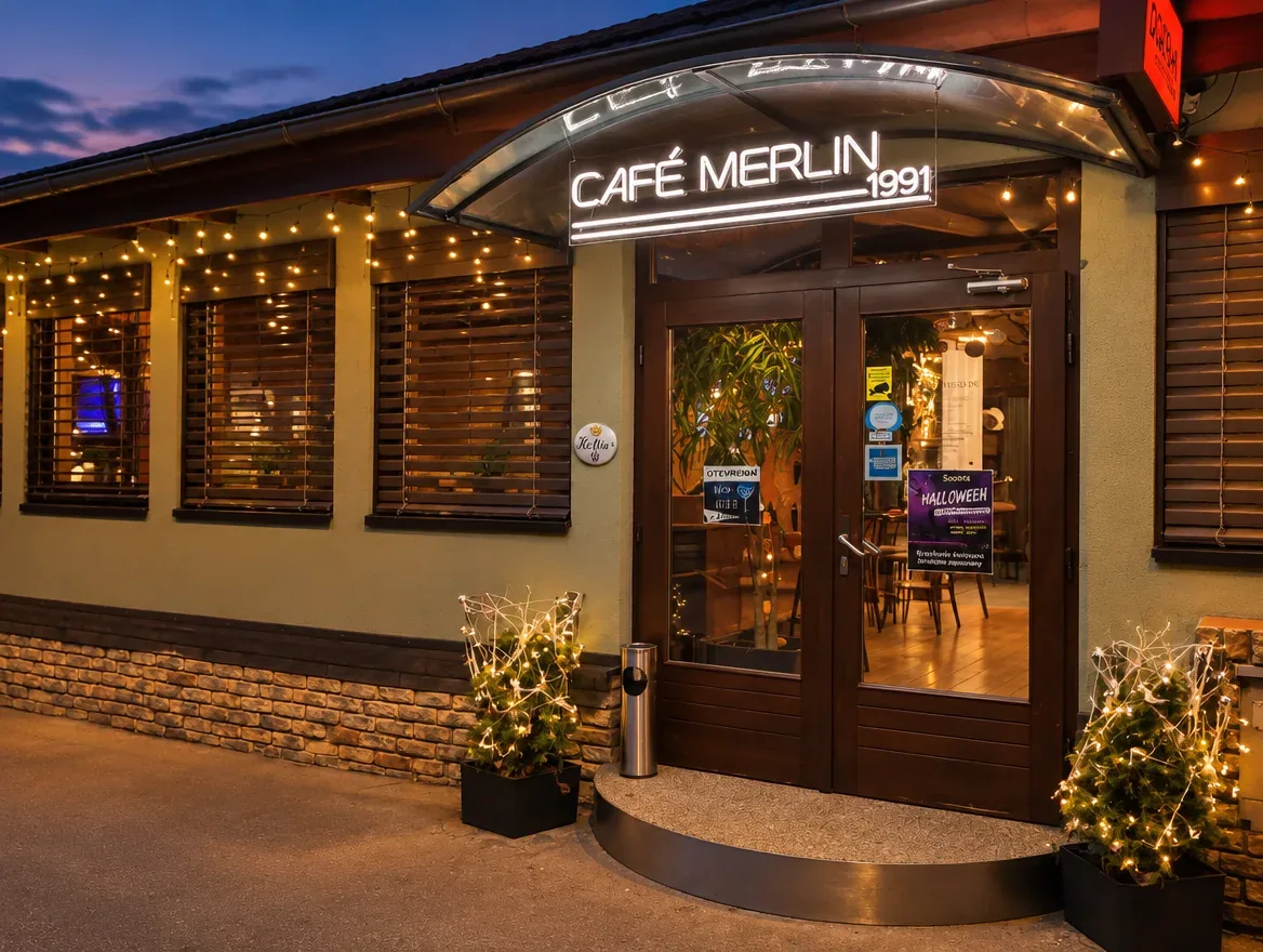 Neonový nápis Café Merlin 1991 nad vchodem kavárny za soumraku — realizace Neonworld