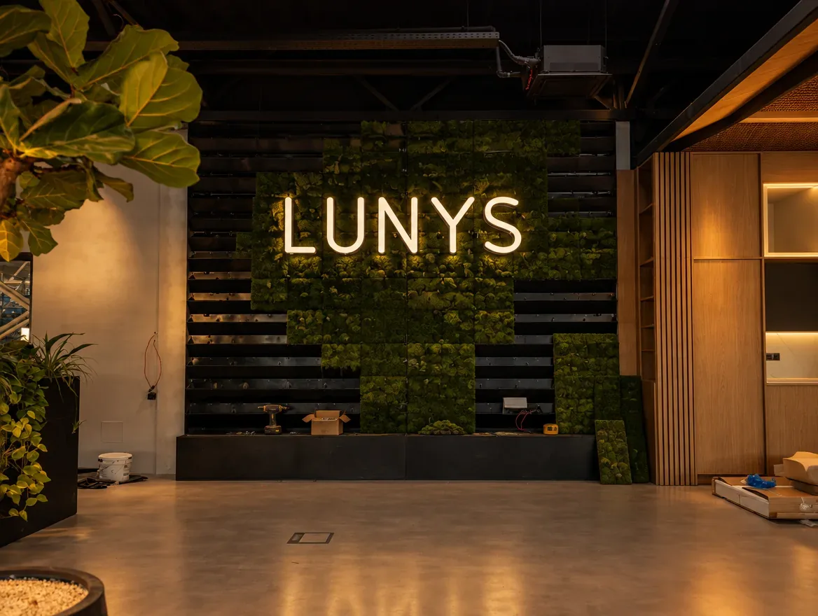 Podsvícená světelná písmena LUNYS na stěně z mechu v interiéru — realizace Neonworld