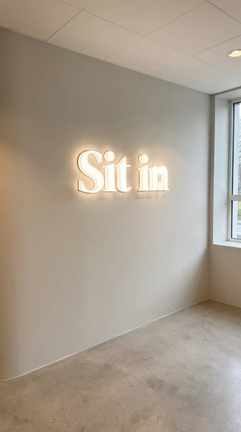 Podsvícený nápis Sit in na stěně recepce — realizace Neonworld
